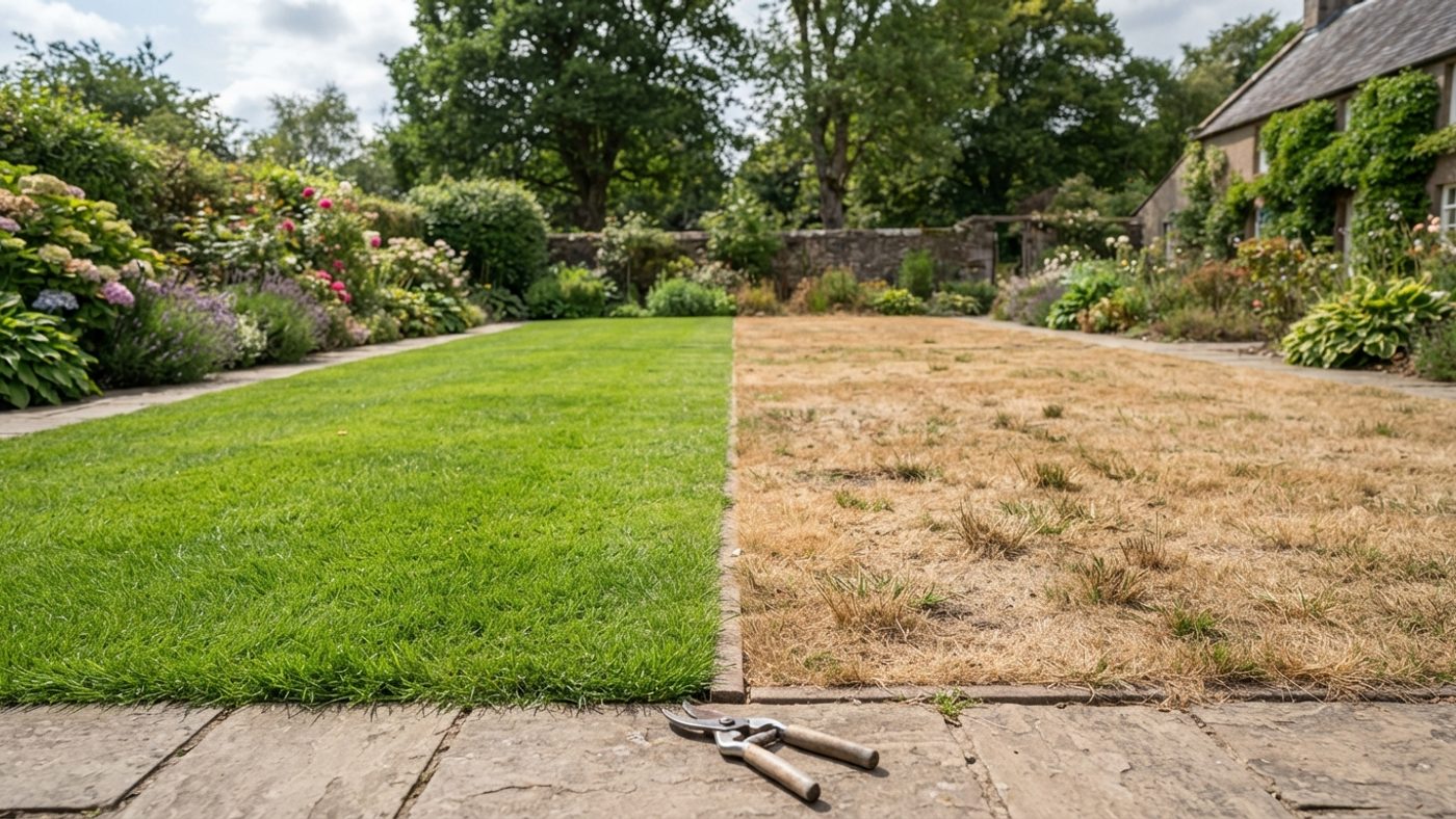 A healthy green lawn next to a drought-stressed, brown, crisping lawn in the same garden