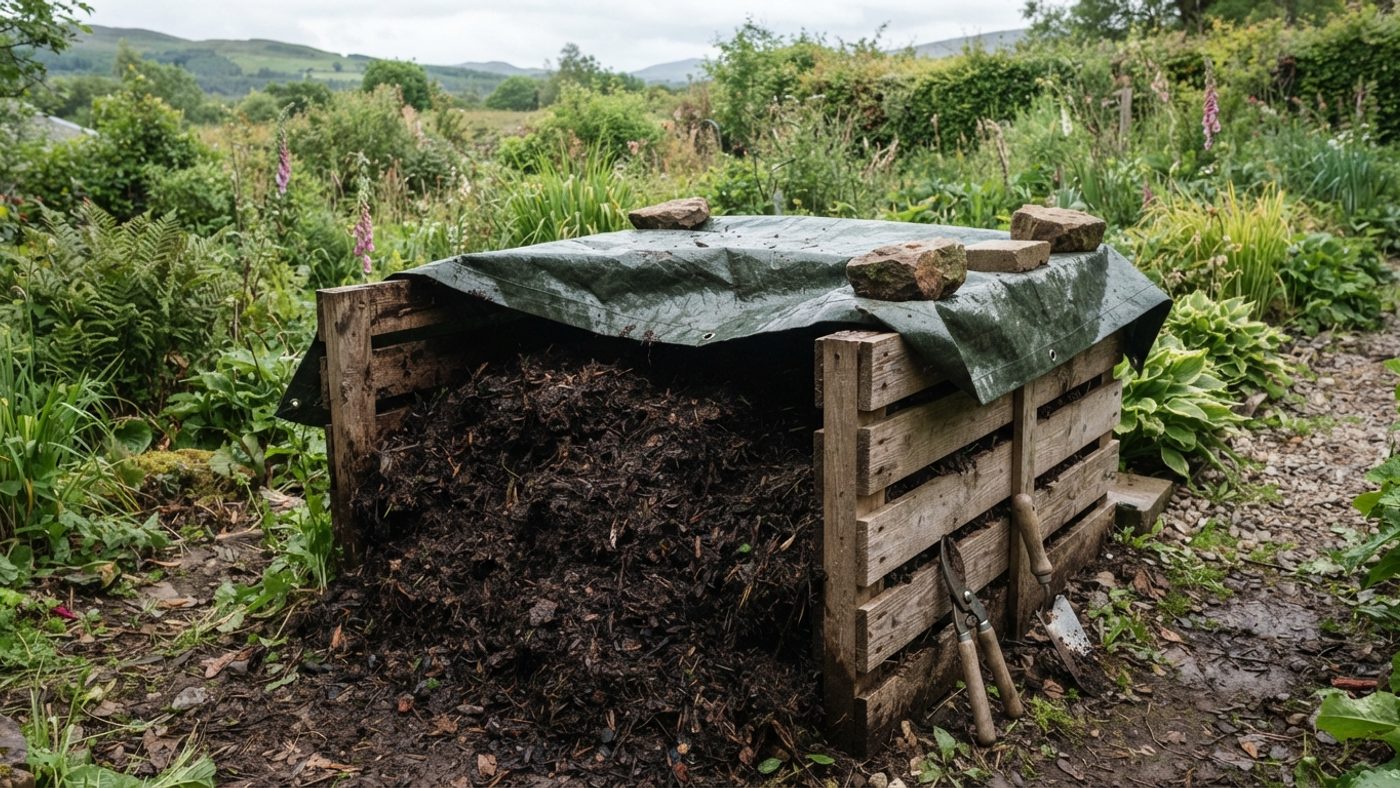 A compost bin covered with a weighted tarp pulled halfway back to reveal a large, well-built heap underneath