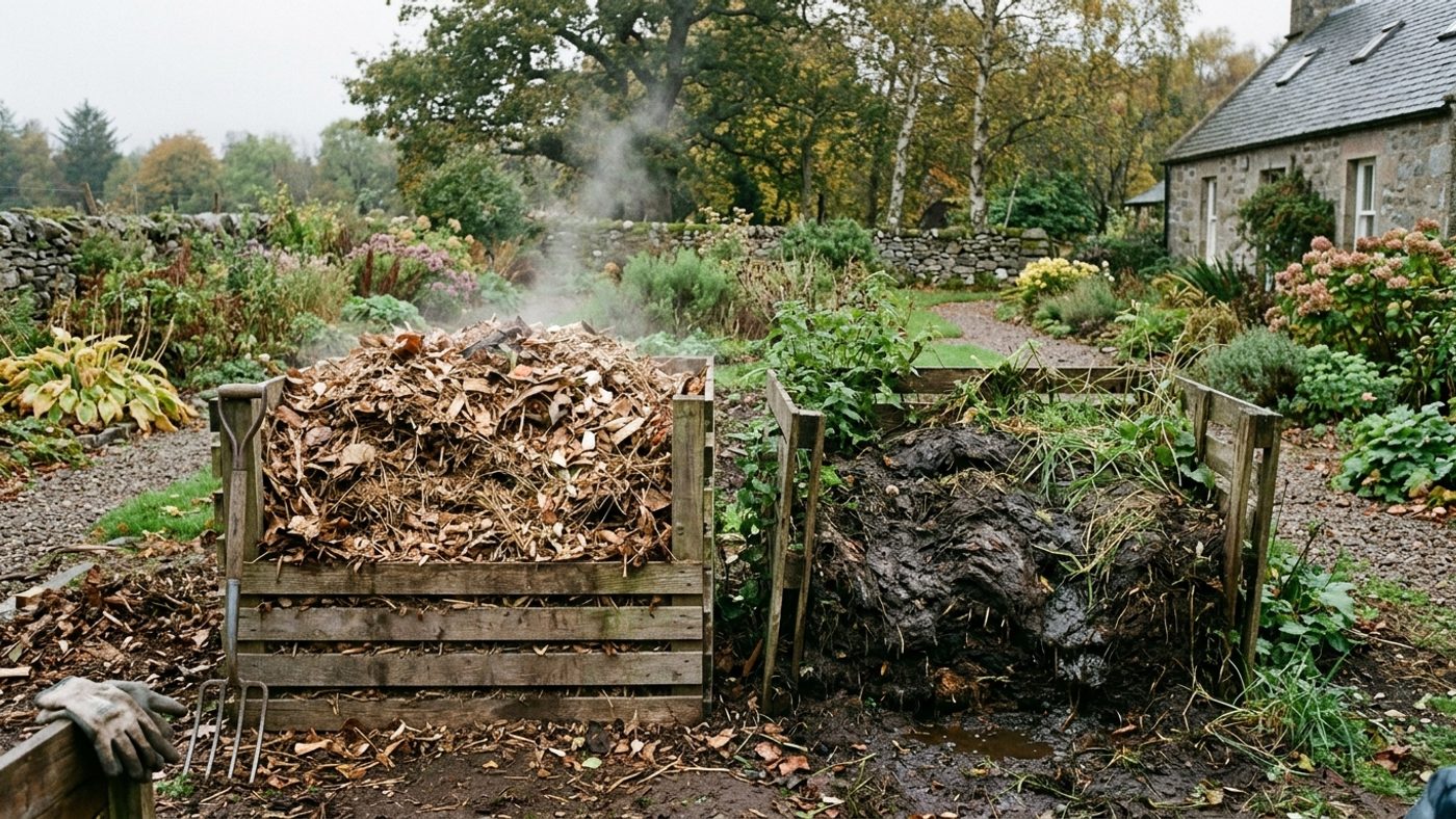 A well-built, dry, steaming compost heap next to a slumped, dark, waterlogged heap that has failed to heat up