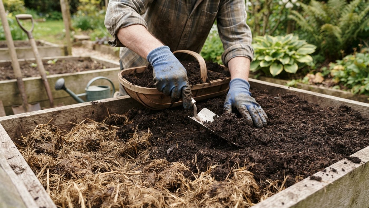 A layer of soil and compost being added on top of a manure and straw pile to cap a hotbed