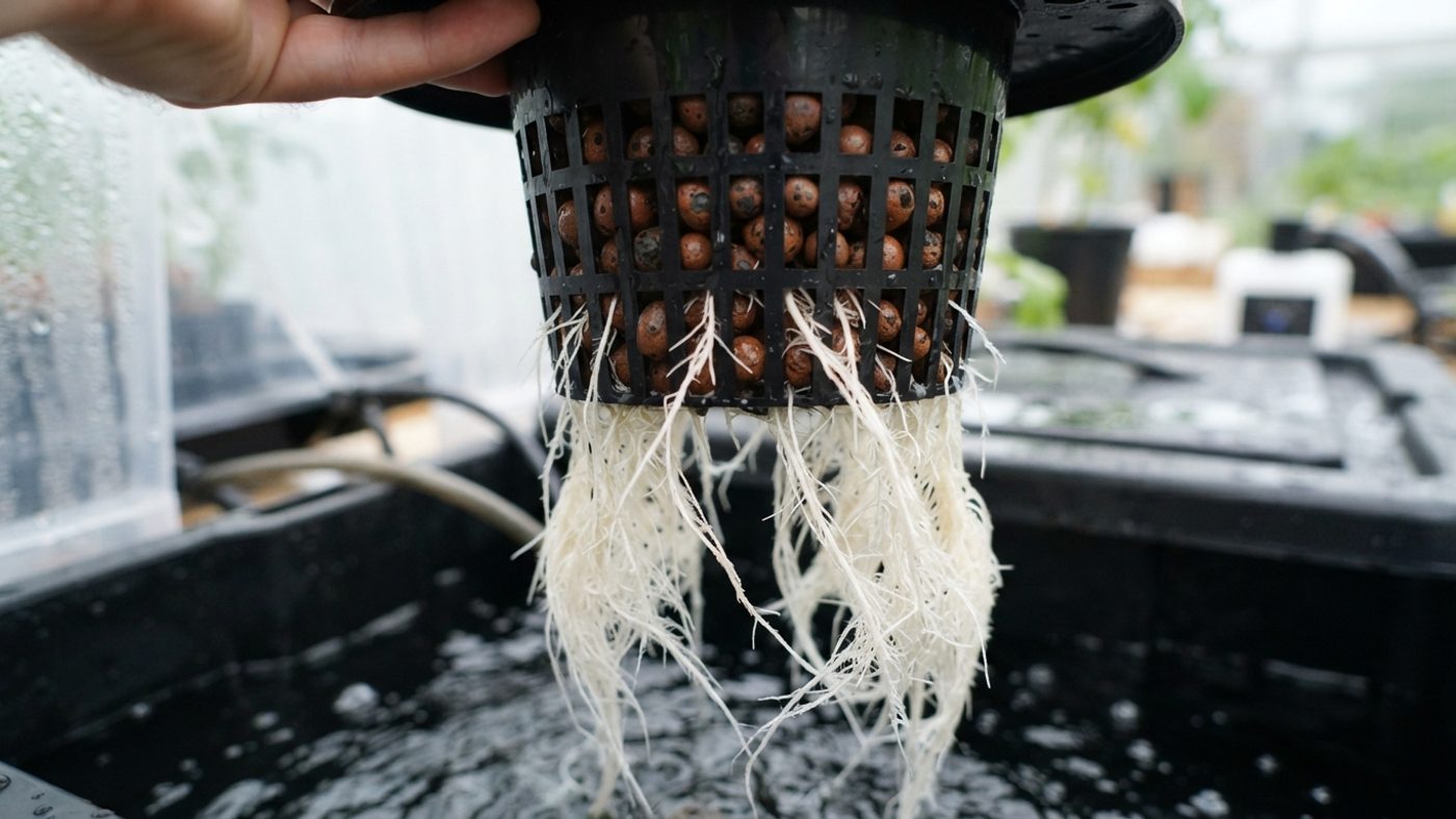 A close-up of plant roots and clay pebbles inside a net pot