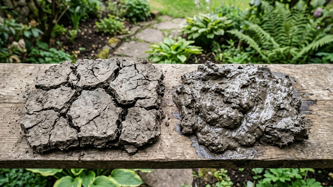 Dry clay soil cracked into hard grey plates next to the same clay soil wet and sticky, glistening and smeared together