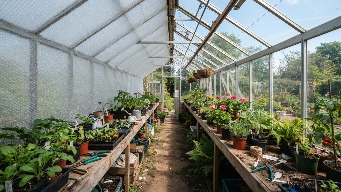 The interior of a greenhouse with bubble wrap covering the north-facing wall and roof while the south-facing glazing is left clear
