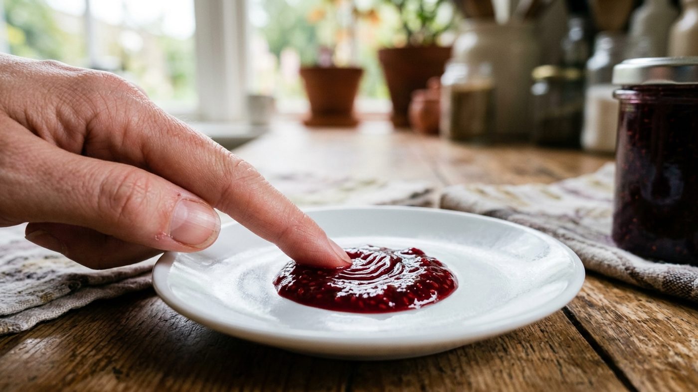 A spoonful of jam being tested on a cold saucer for the setting-point wrinkle test