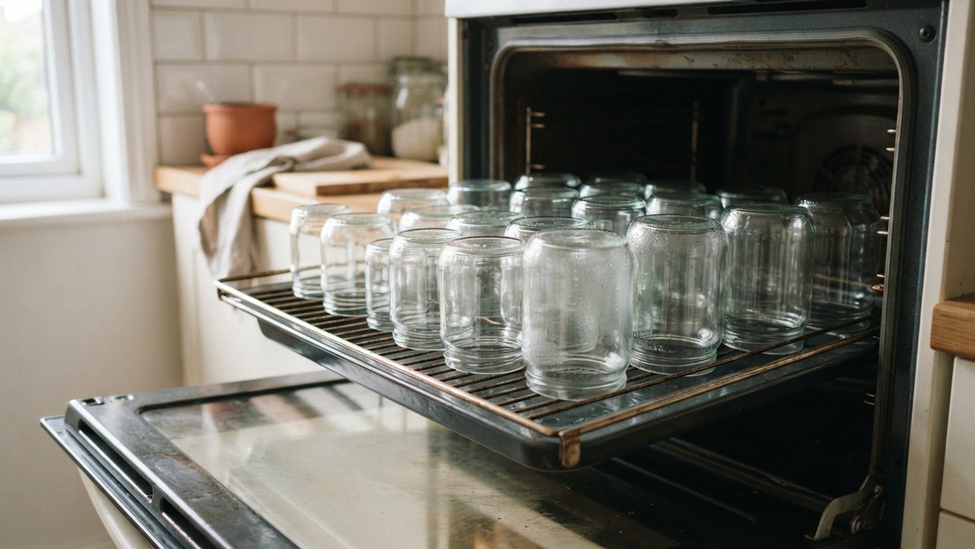 Empty glass jars being sterilised upside down in a domestic oven