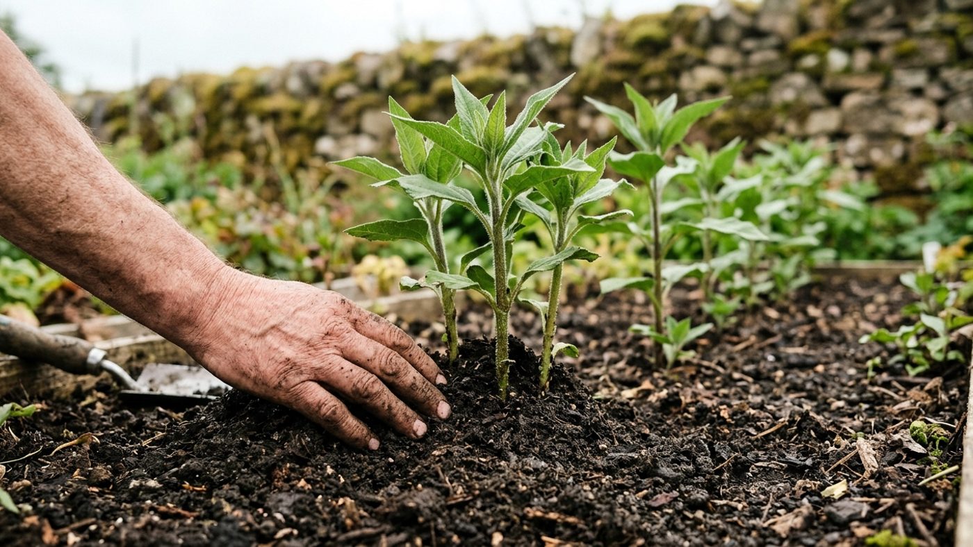 Soil mounded around the base of young Jerusalem artichoke stems for stability once they reach about 30cm tall