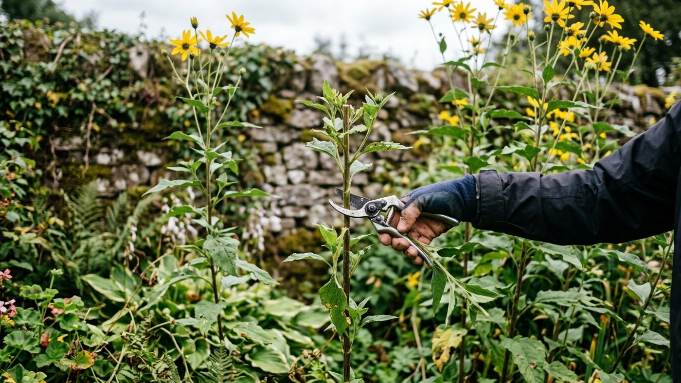 Secateurs pruning tall Jerusalem artichoke stems back to about 1.5m to reduce wind resistance on an exposed site