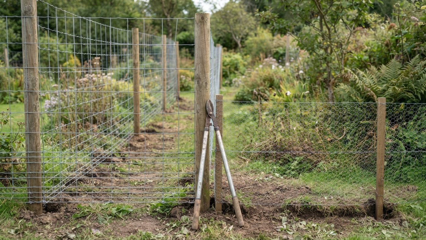 A tall deer mesh fence next to a much shorter rabbit fence with a buried base, side by side for comparison