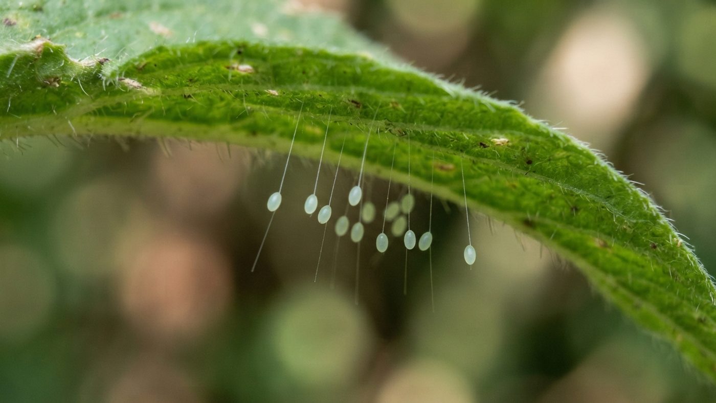 Lacewing eggs on the ends of fine silk stalks on the underside of a leaf