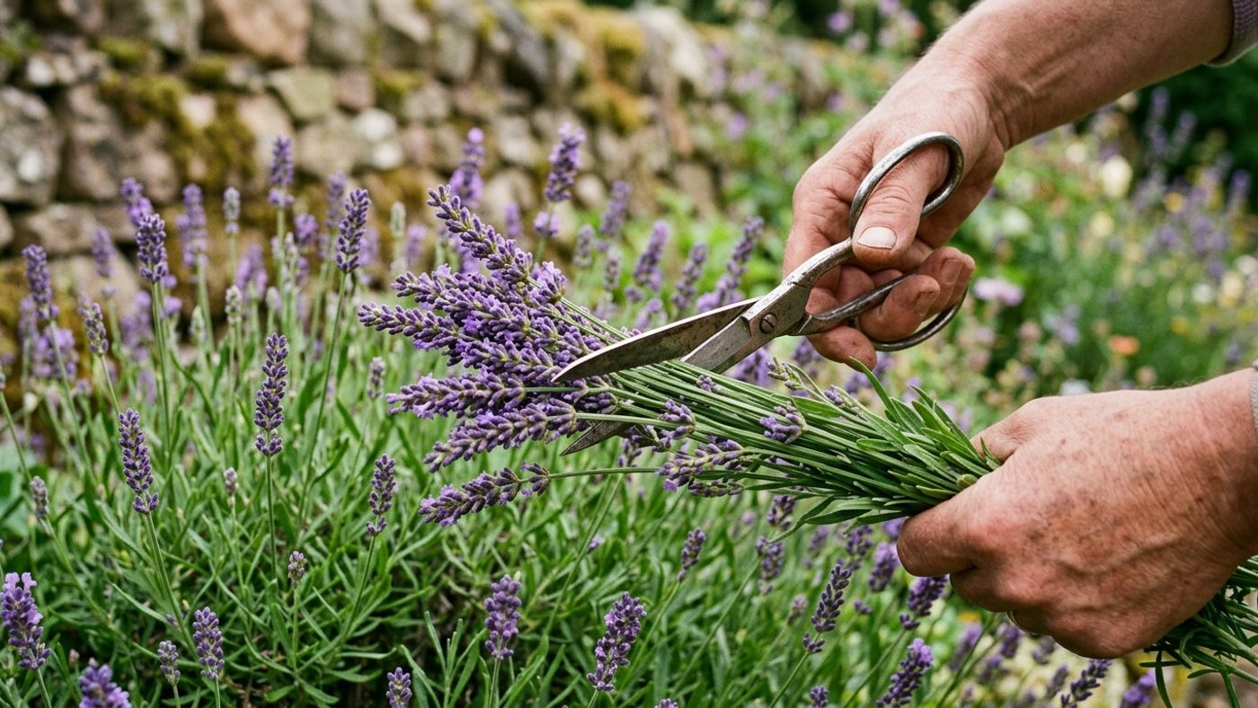 Scissors cutting lavender flower spikes just before they are fully open, for the strongest fragrance