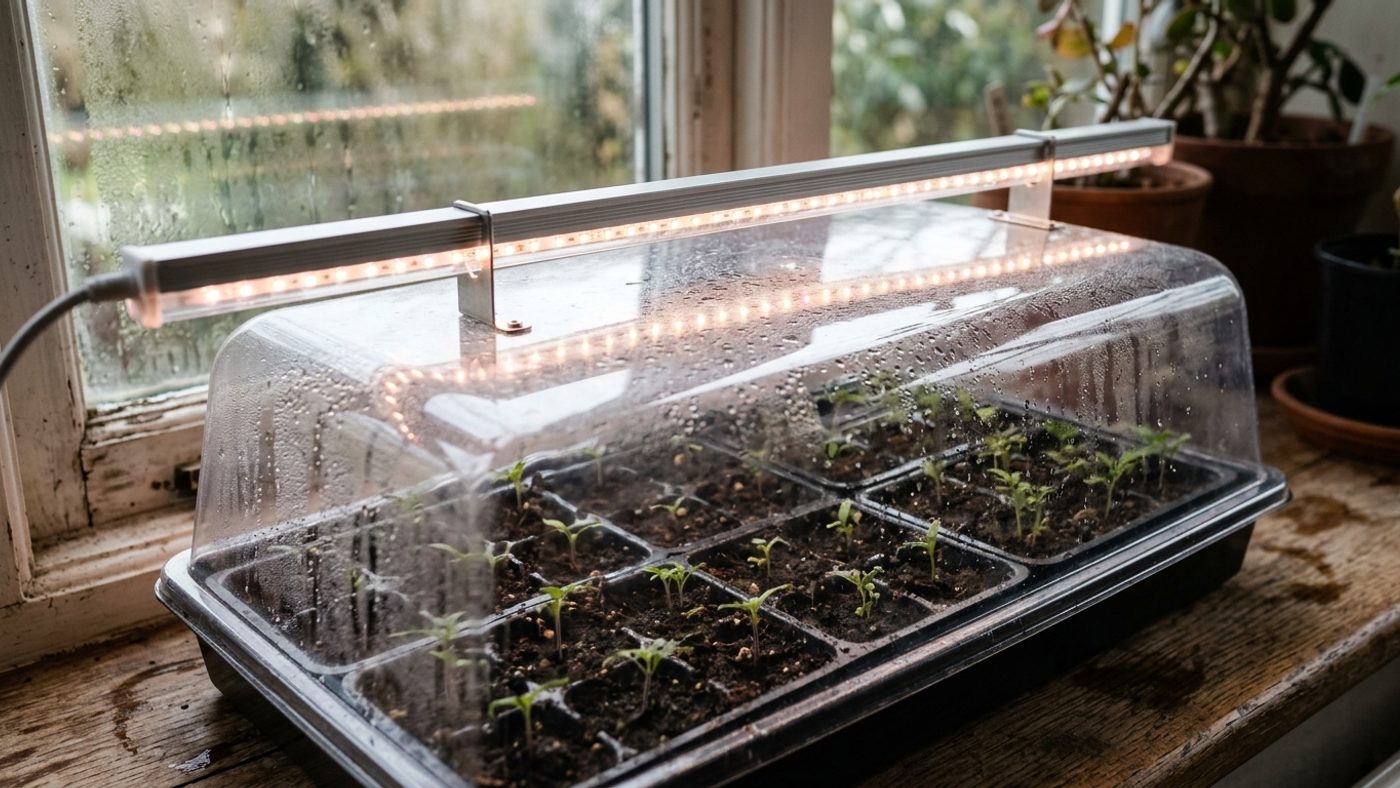 An LED grow light strip mounted just a couple of inches above a propagator lid over seed trays