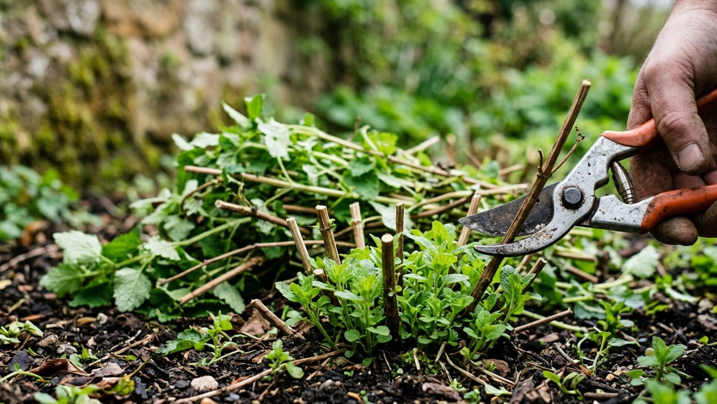 Secateurs cutting a lemon balm plant right back to the base after flowering, for a fresh flush of leaves