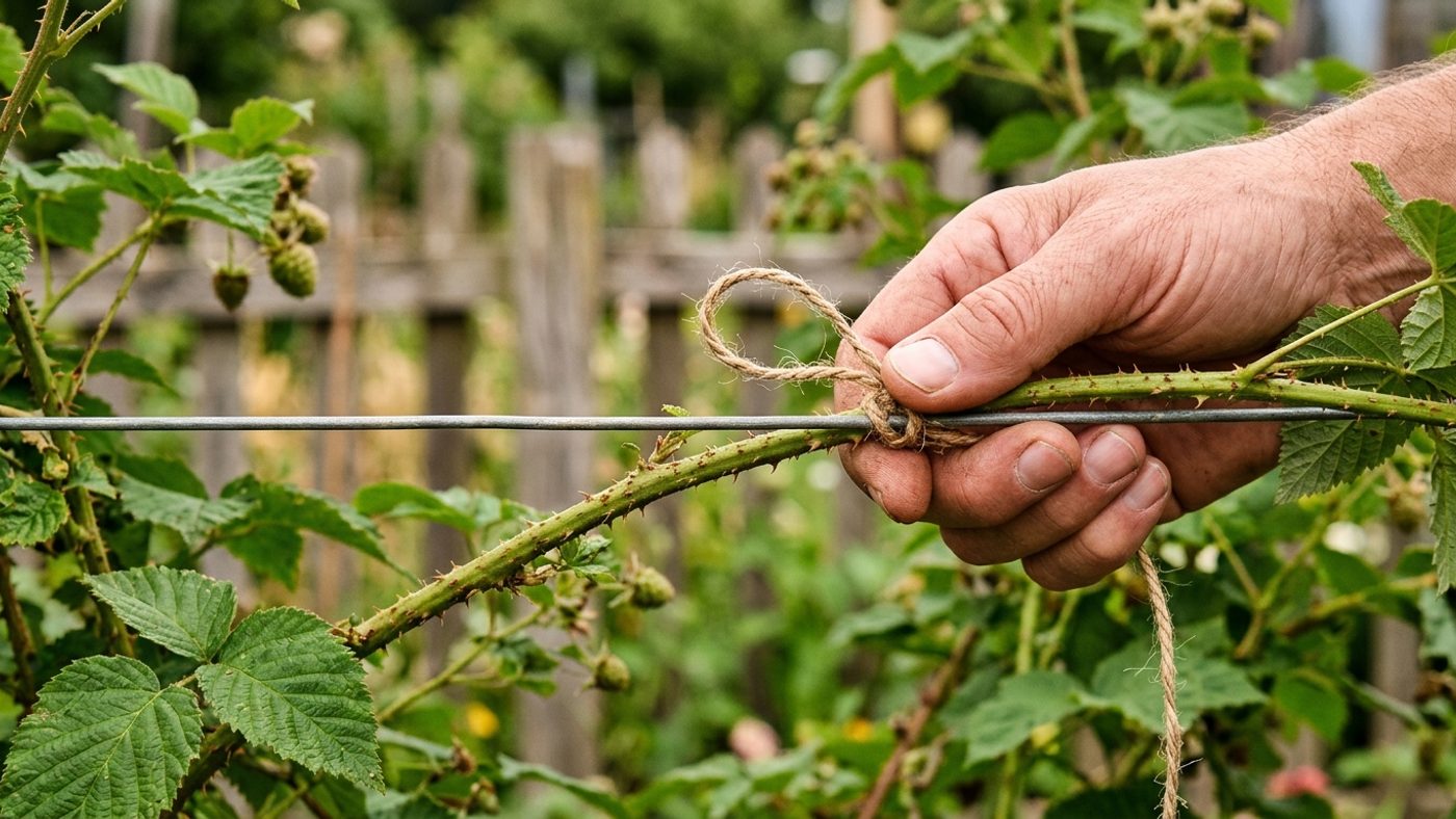 A bare hand tying a thorny loganberry cane onto a horizontal wire with garden twine