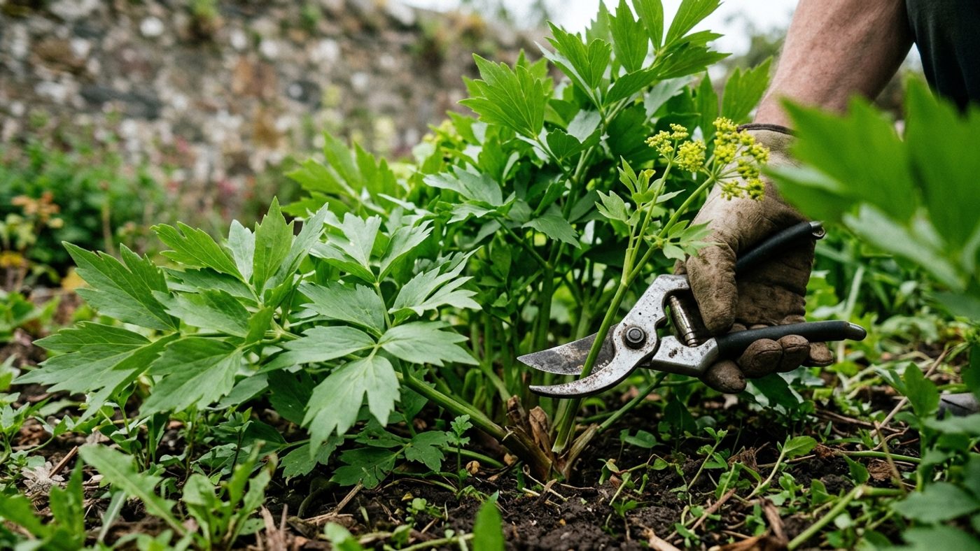 A hand cutting a young lovage flower stem at the base to stop leaves turning bitter and to prevent self-seeding