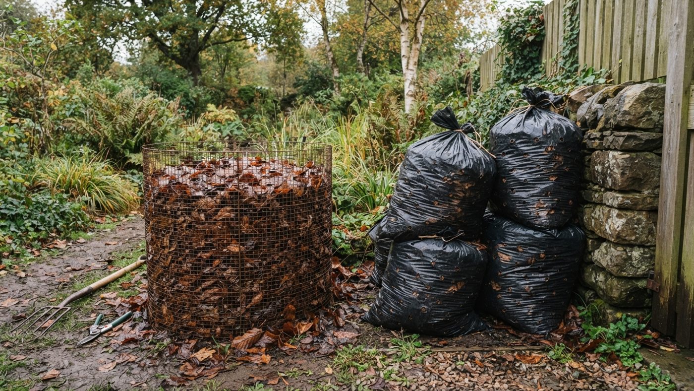 A wire mesh cage full of leaves next to stacked black bin bags pierced with holes, both methods for making leaf mould