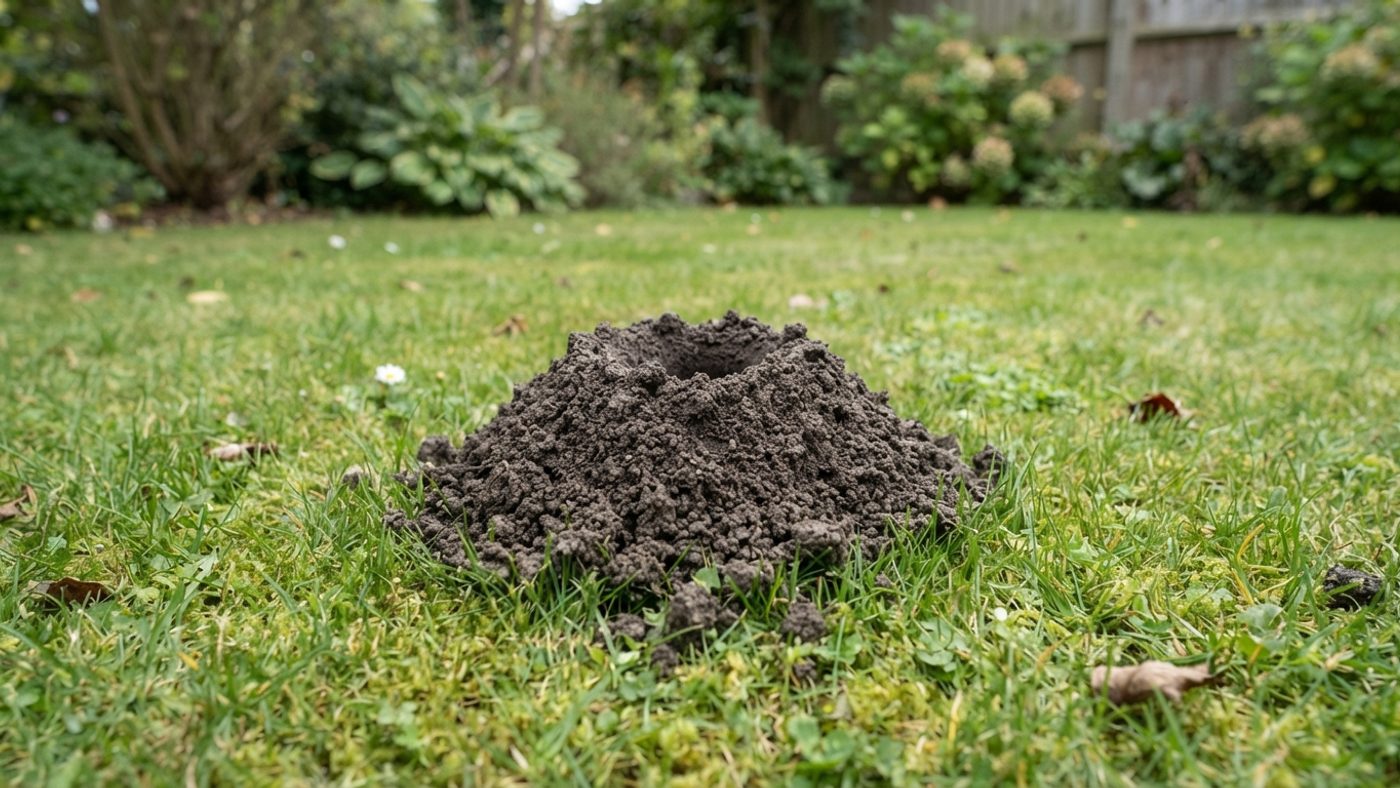 A close-up of a single molehill of loose soil on short grass