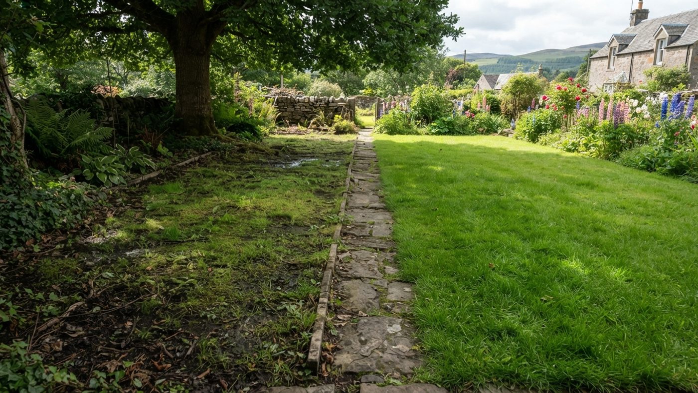 Mossy thin grass in the shade under a tree next to thick healthy green grass in an open sunny part of the same lawn
