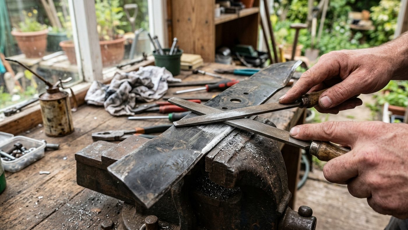 A mower blade clamped in a vice with a file being drawn across the cutting edge in one direction