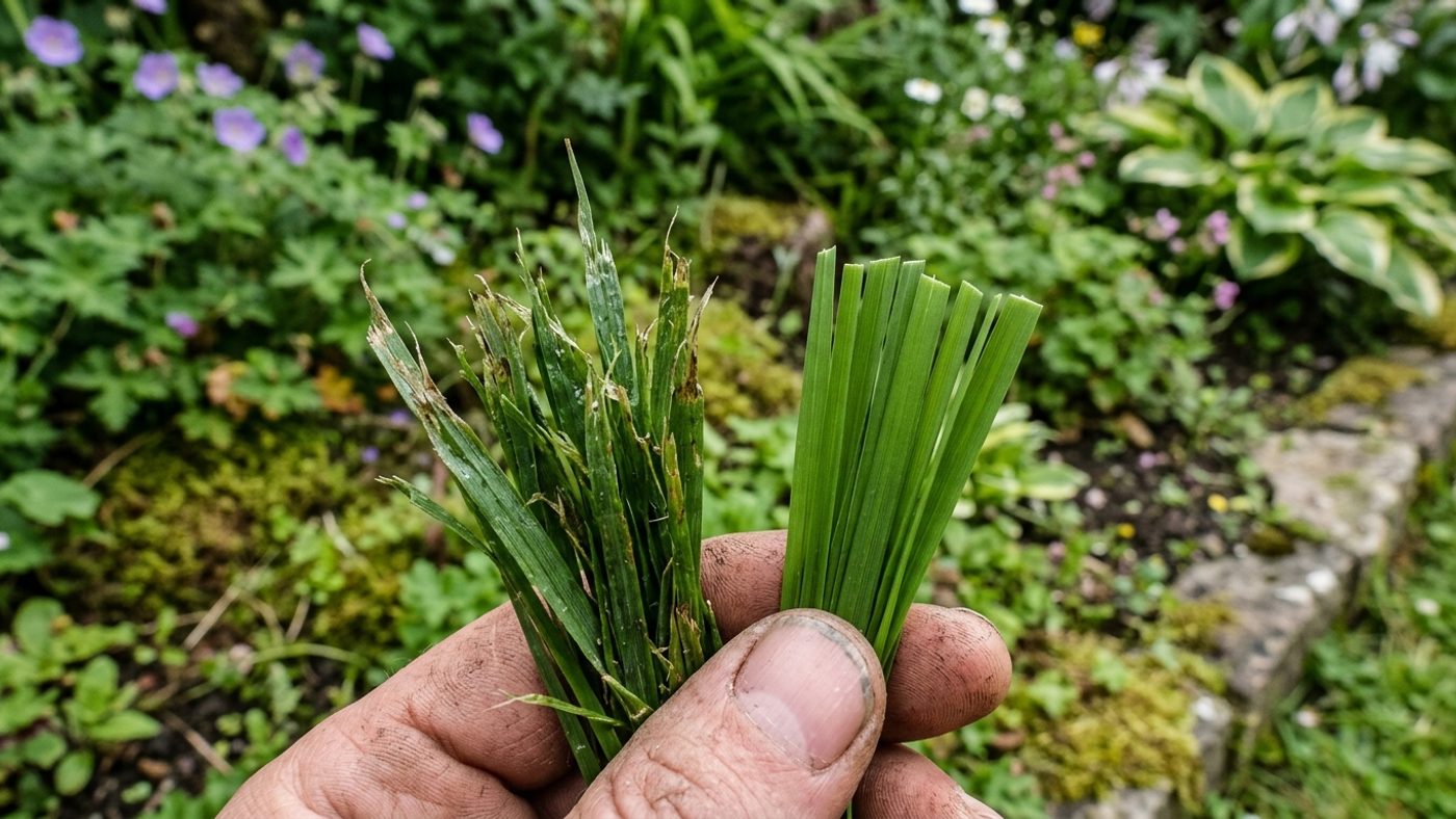 Ragged, torn grass blade tips from mowing wet grass next to cleanly sliced grass blade tips from a dry cut