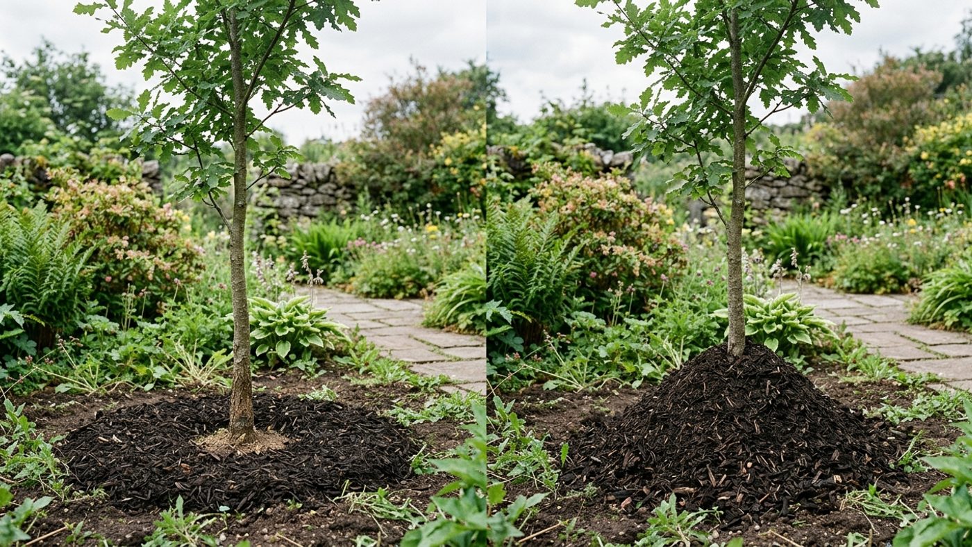 A young tree with mulch spread as a flat ring with a clear gap around the trunk next to a tree with mulch piled up against the bark like a volcano