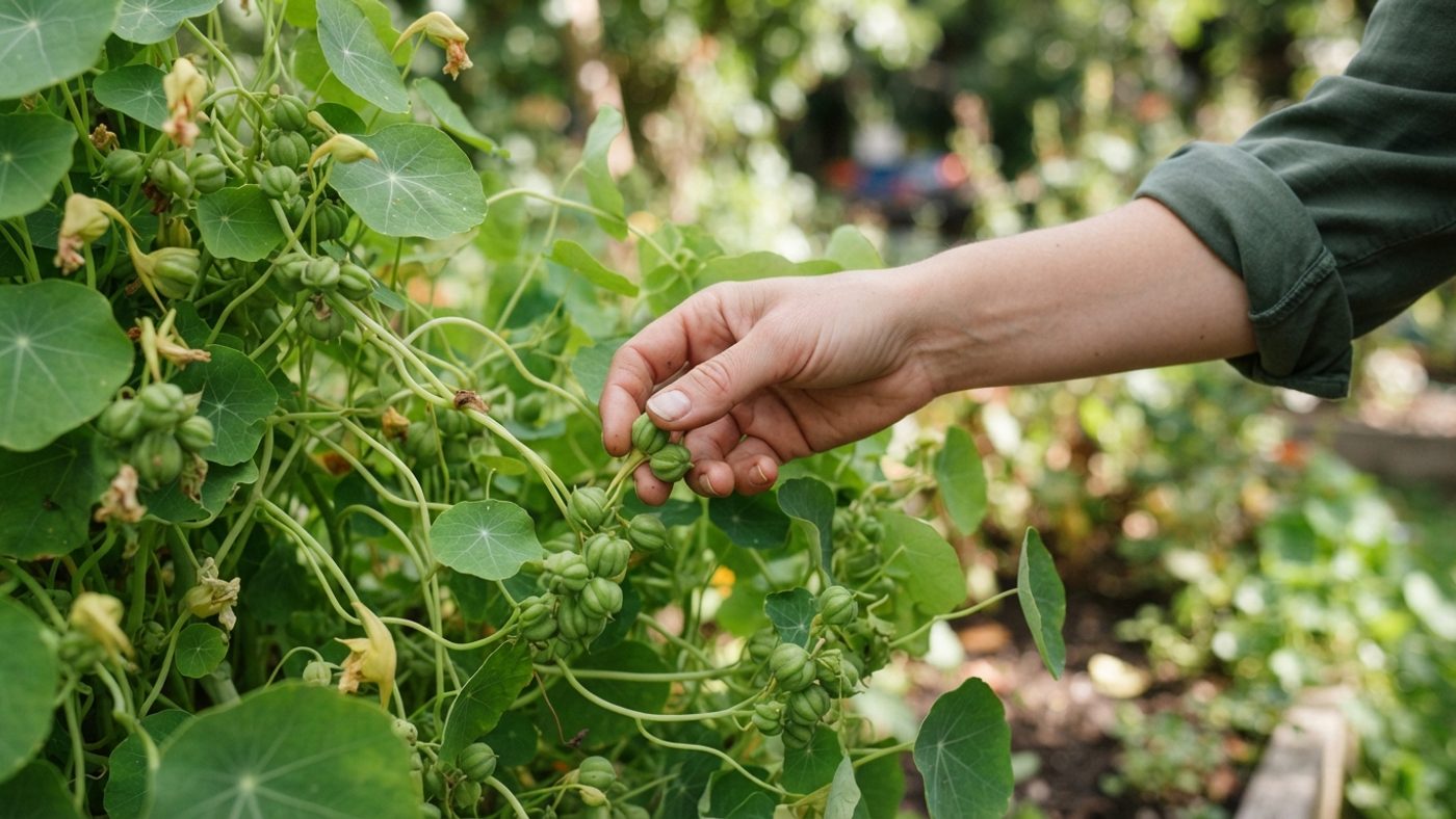 A hand picking green unripe nasturtium seed pods for pickling