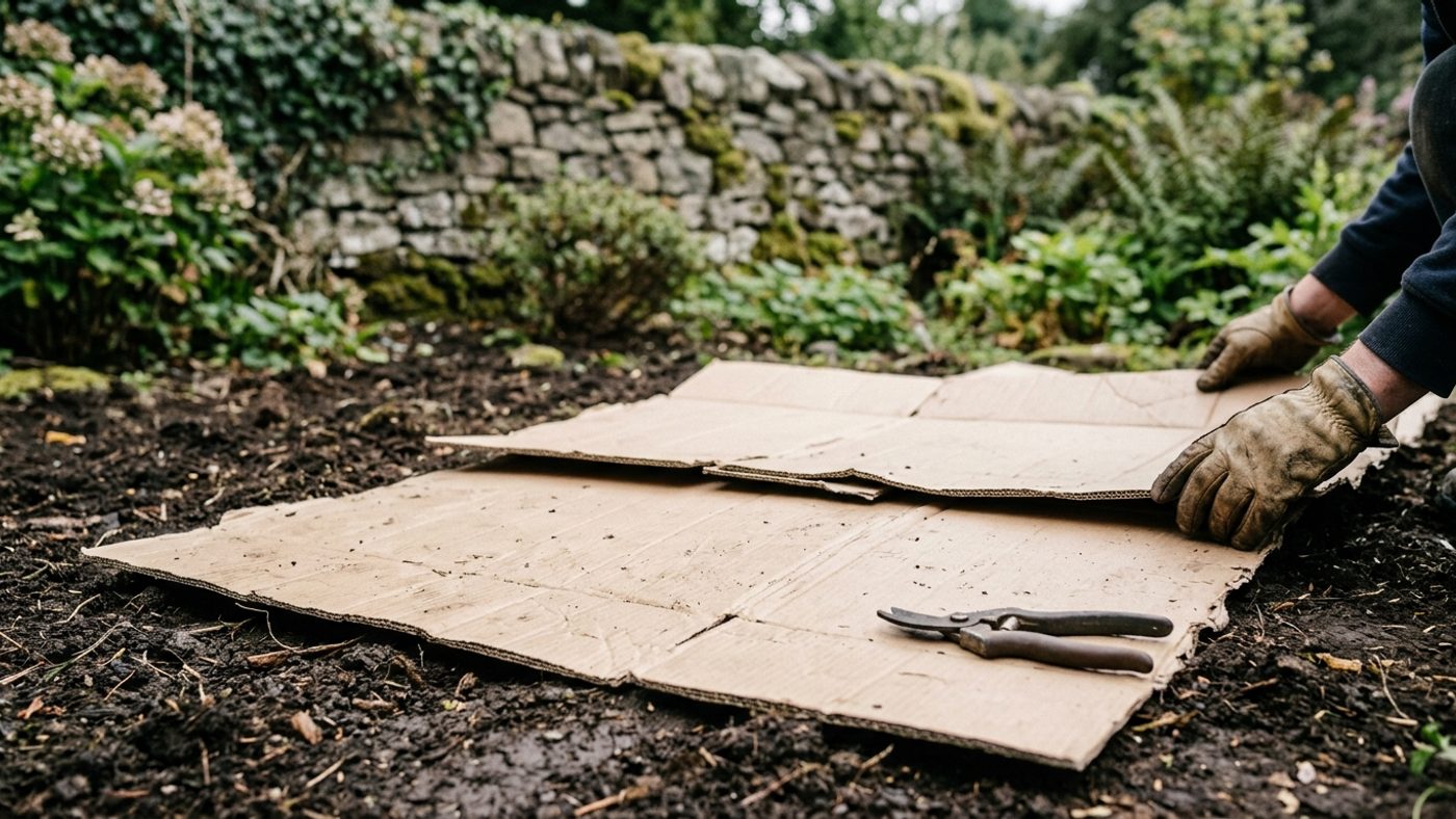 Plain cardboard laid flat over cleared ground, overlapping at the edges, ready for a mulch layer on top