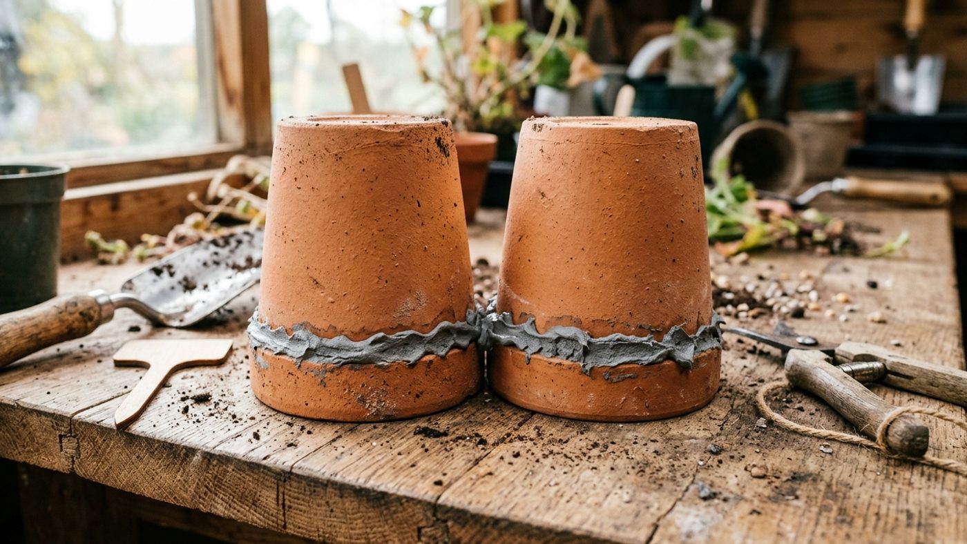 Two unglazed terracotta plant pots glued rim to rim to make a DIY olla