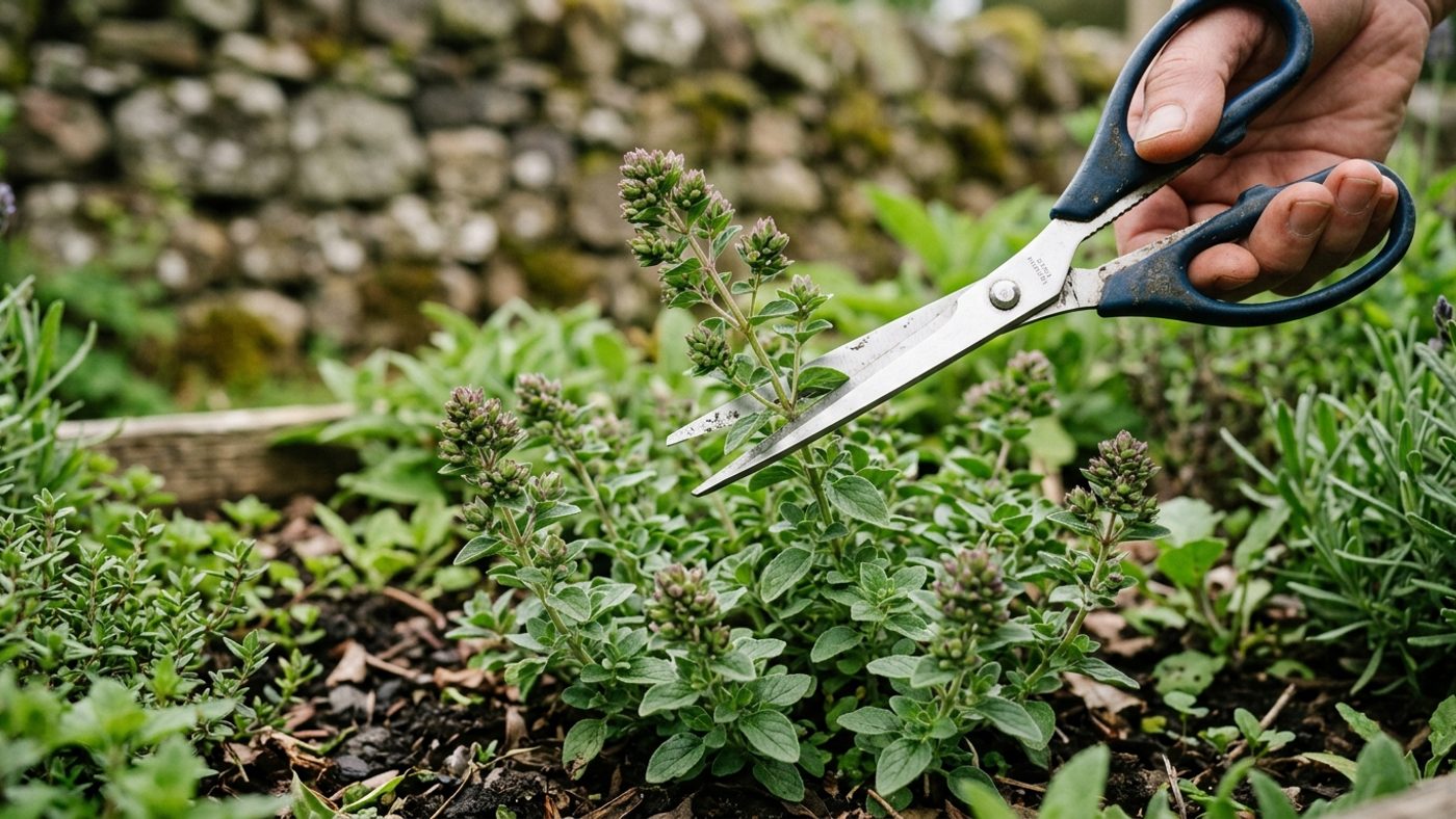 Scissors snipping oregano shoots for harvest before the small flowers open, for the best flavour