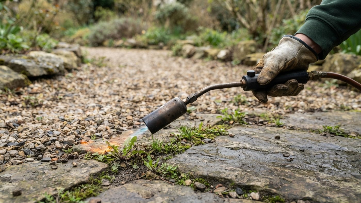 A hand-held flame weeder being used to scorch weeds growing in paving cracks