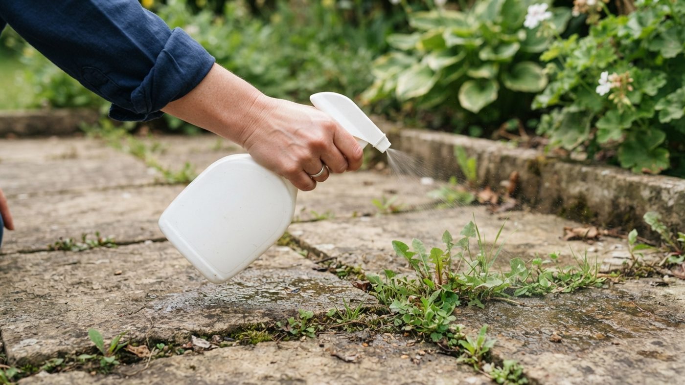 A hand spraying a weedkiller onto weeds growing in a paved path