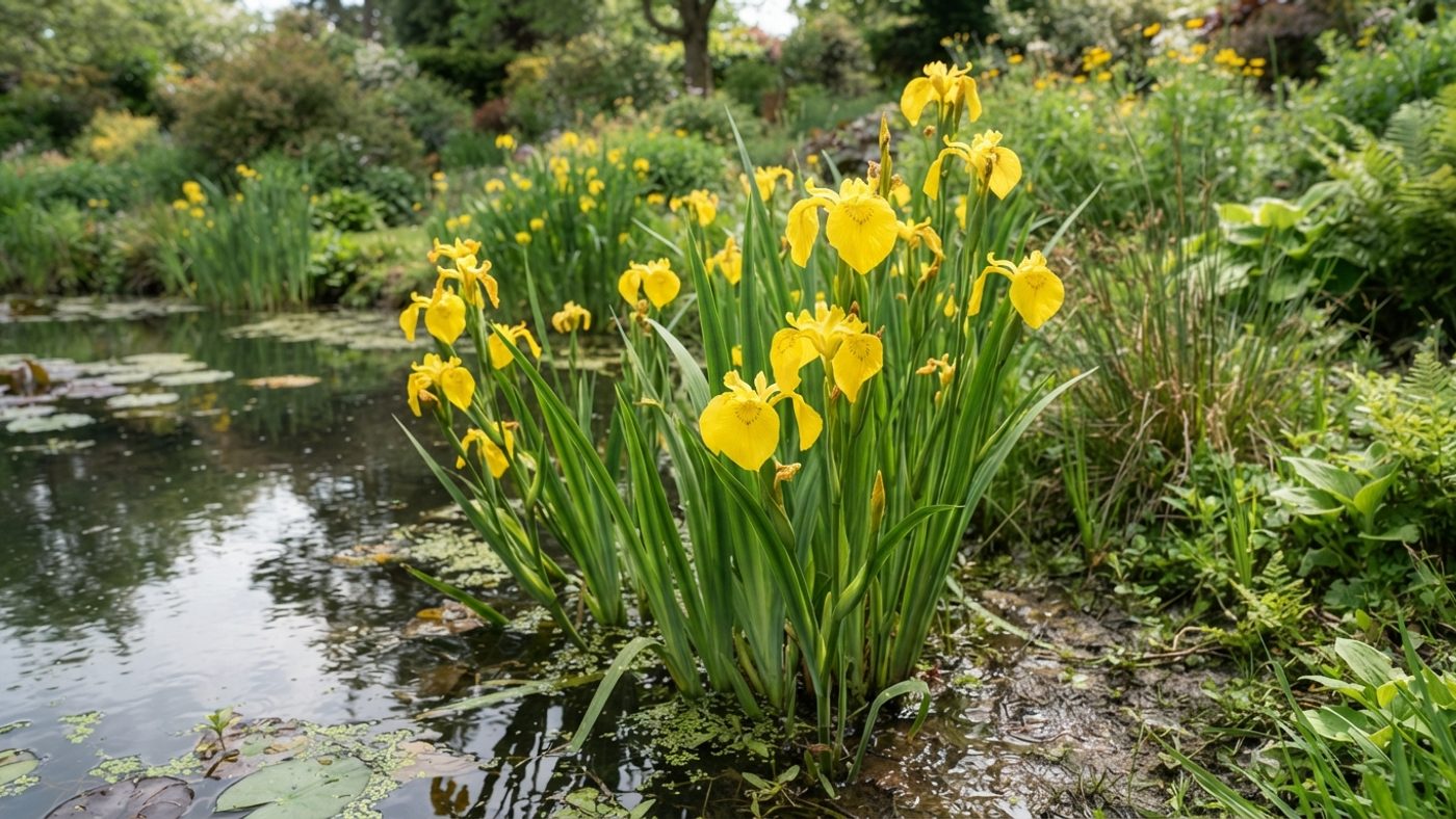 Bright yellow flag iris flowers growing at a pond margin