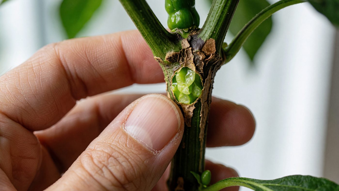 A thumbnail scratching a small patch of bark on a chilli stem, revealing green living tissue underneath