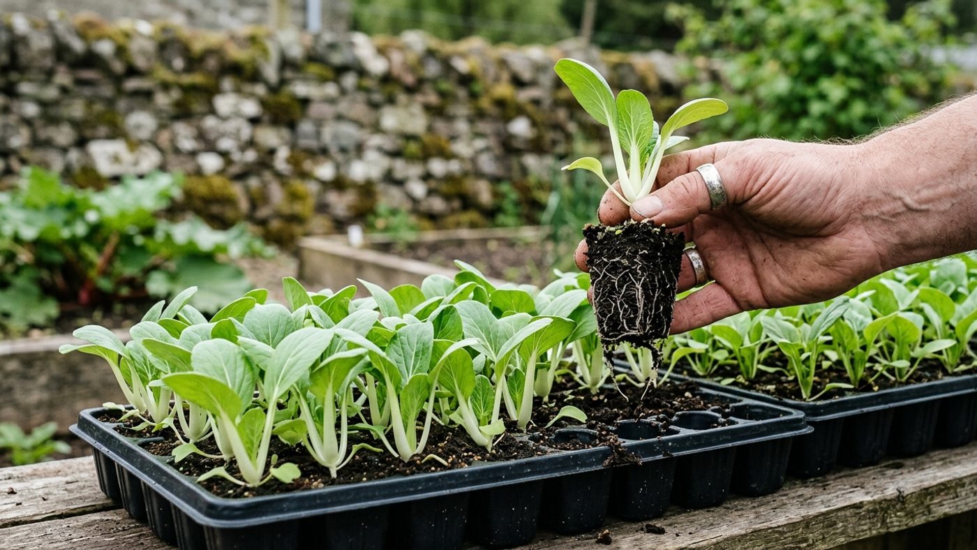 Young pak choi seedlings growing in individual module trays before being transplanted, avoiding root disturbance