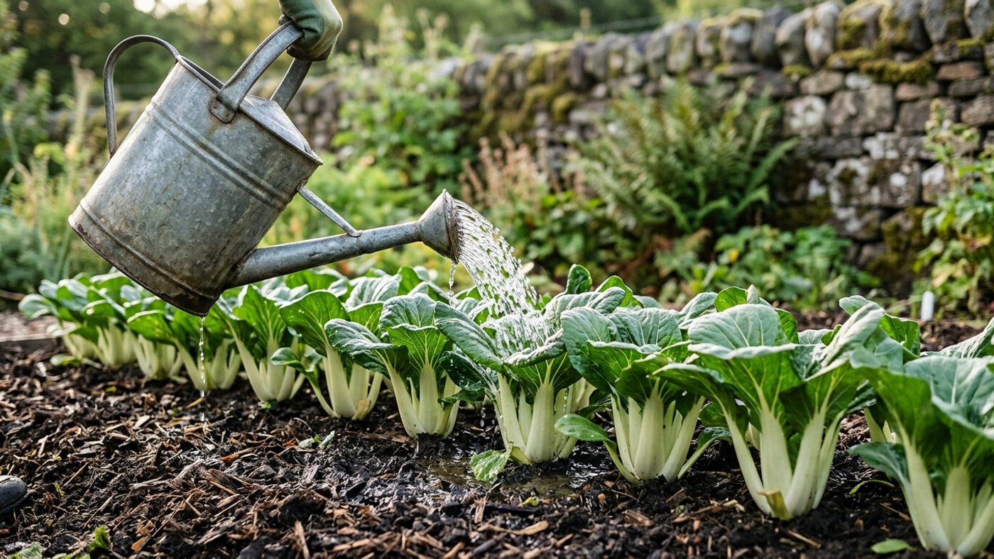 A watering can watering a row of pak choi plants in the morning light, keeping the soil from staying damp overnight