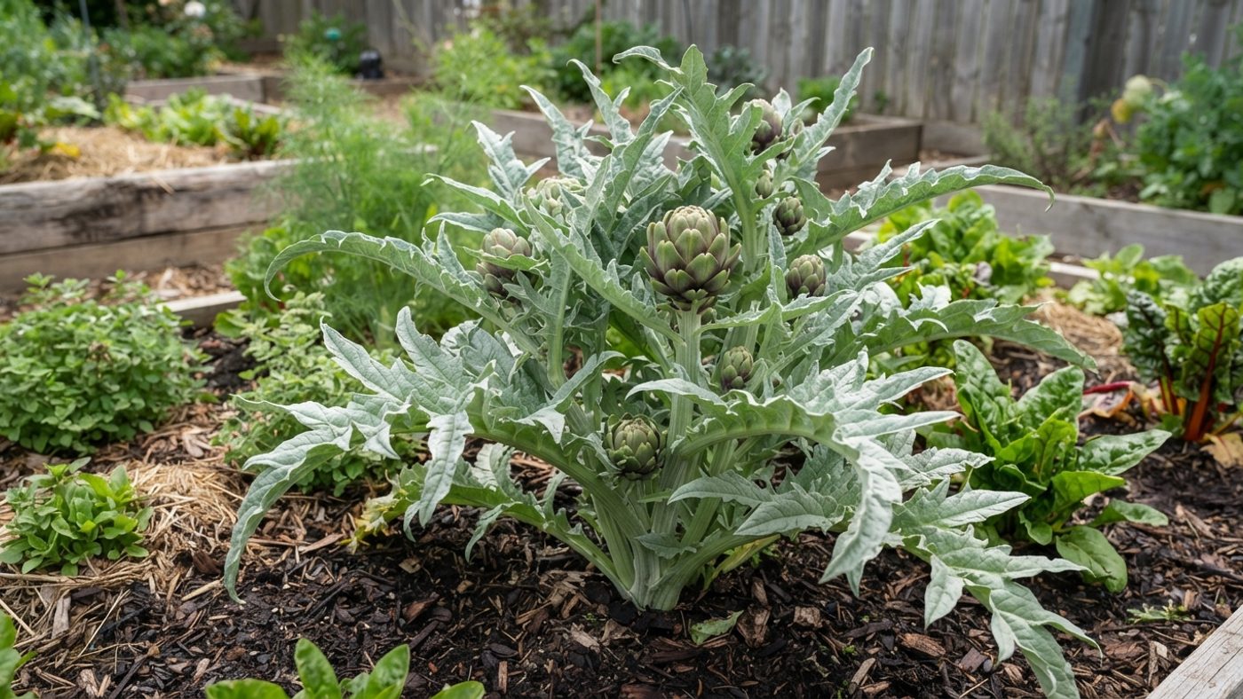 A globe artichoke plant with silvery foliage growing in a dedicated perennial bed