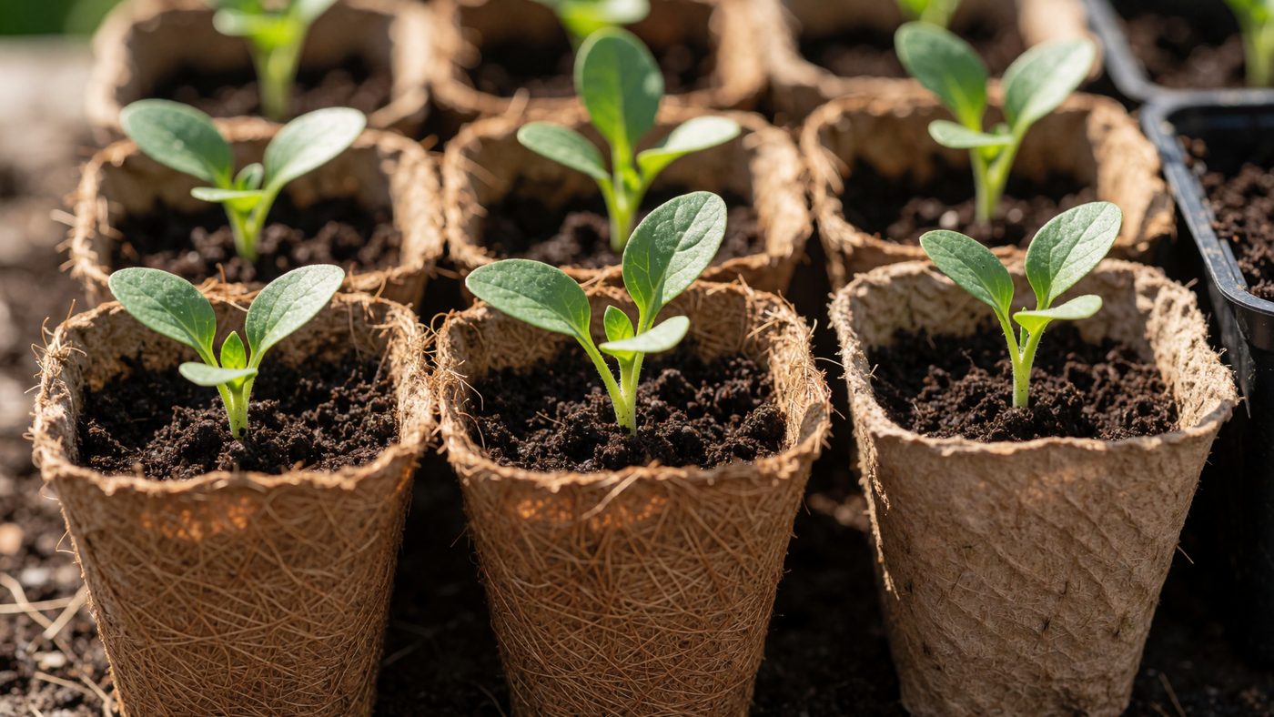 Small biodegradable coir and paper pots holding young seedlings, plain brown fibre material