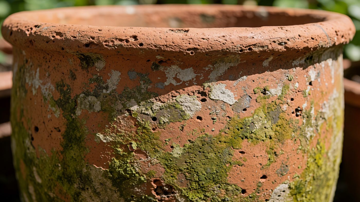A weathered unglazed terracotta pot showing pale mineral deposits and green algae staining on its porous outer surface