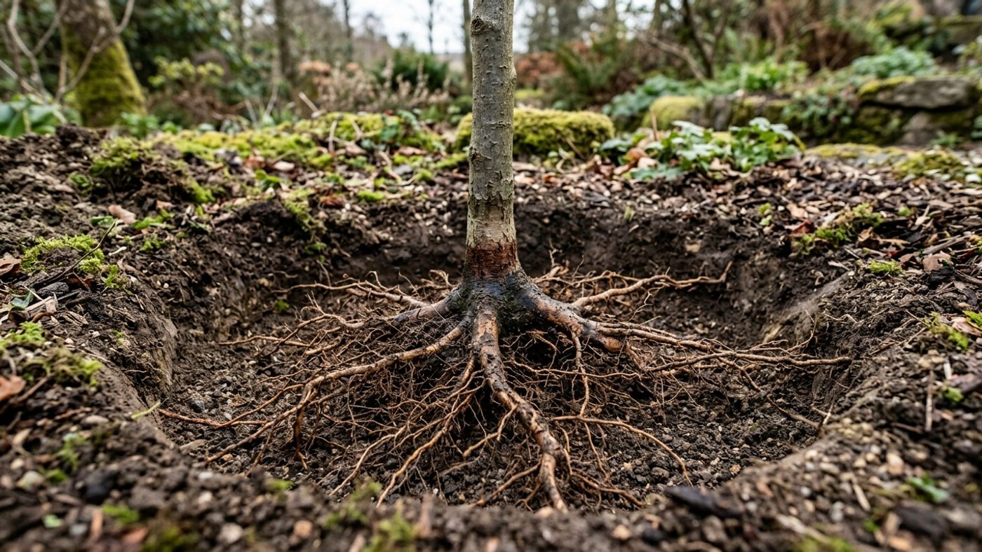 A young tree's bare roots spread out across the base of a wide planting hole, with the trunk's nursery mark level with the surrounding soil surface