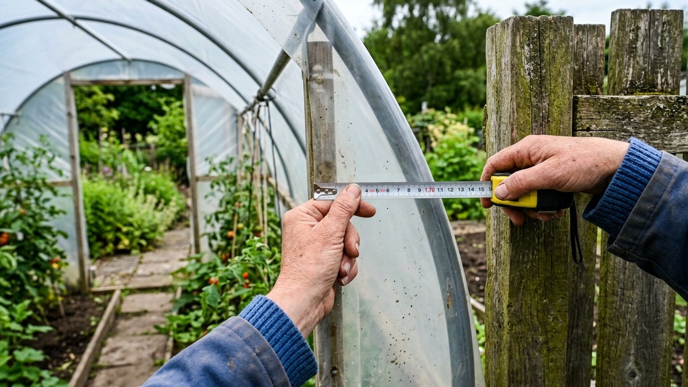 A tape measure held up against the height of a polytunnel close to a garden boundary fence