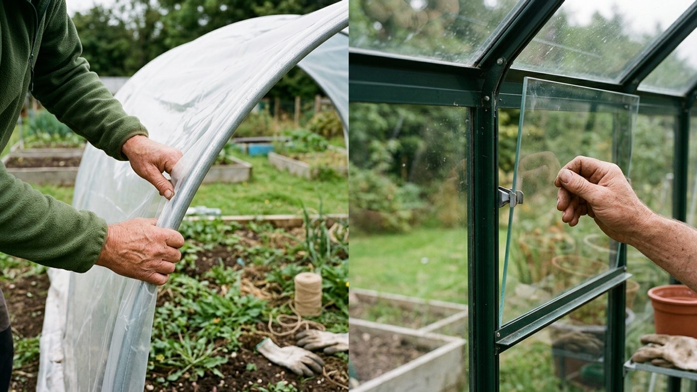 A polytunnel cover being pulled taut over a hoop frame next to a greenhouse glass pane being carefully fitted into a glazing bar