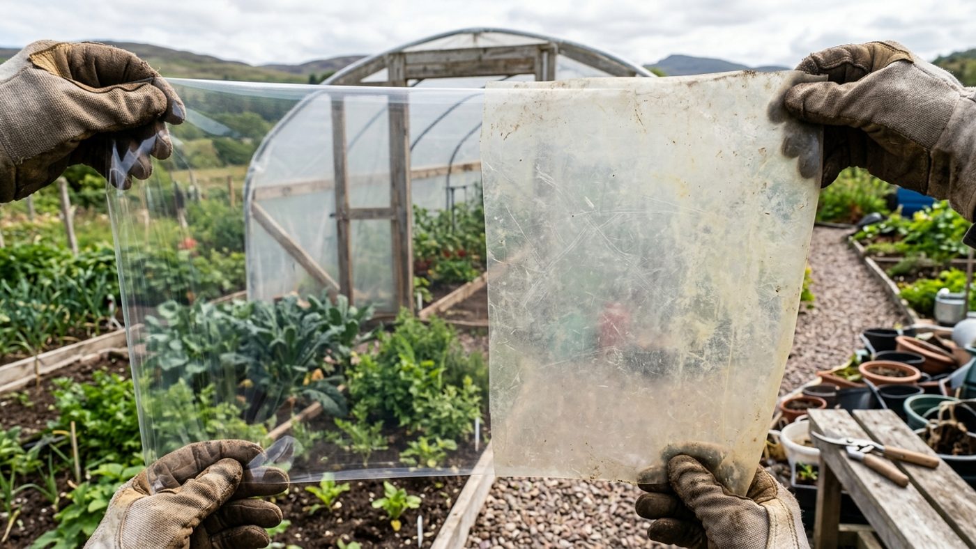 A clear new section of polytunnel cover next to a hazy, weathered older section, showing the light transmission difference