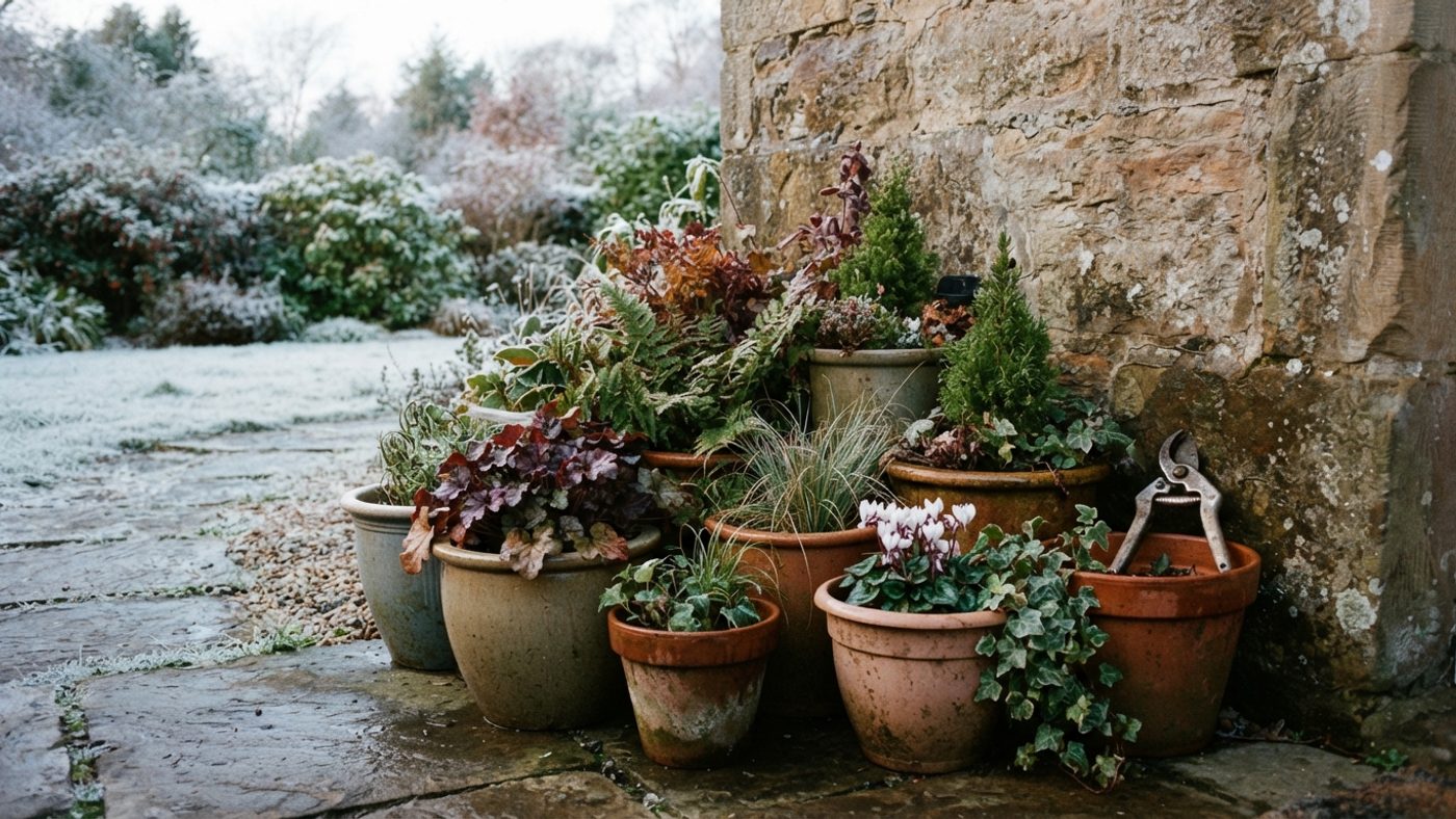 Several potted plants clustered closely together against a sheltered house wall ahead of a frost