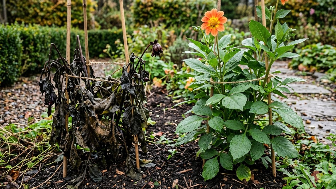 Blackened, collapsed frost-damaged dahlia foliage next to healthy green dahlia foliage on an unaffected plant
