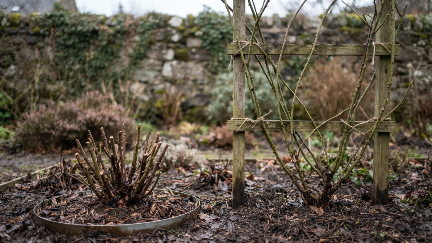 A hard-pruned hybrid tea rose cut to short bare stems next to a lightly-pruned rambler rose with long canes tied to a support