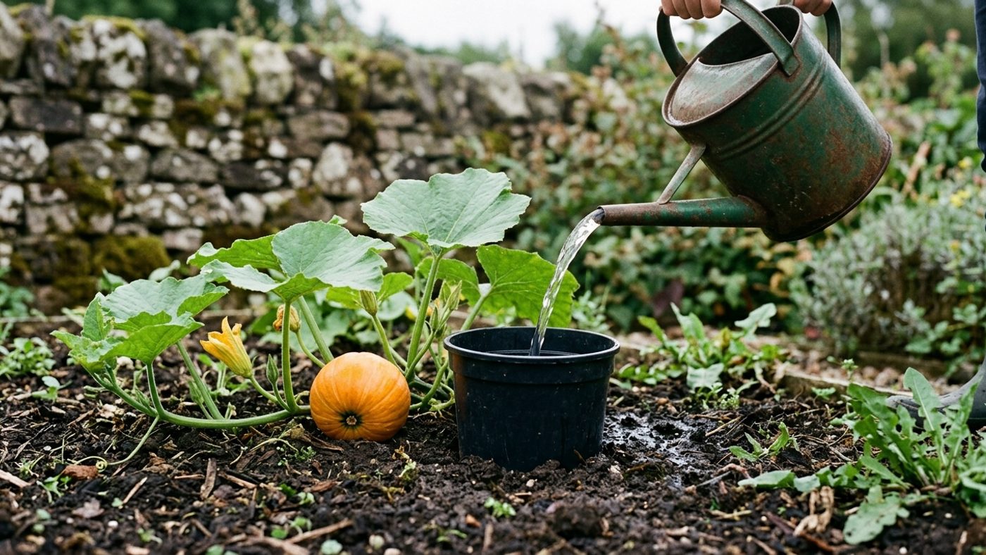 A watering can filling an empty pot sunk into the soil beside a pumpkin plant, directing water straight to the roots