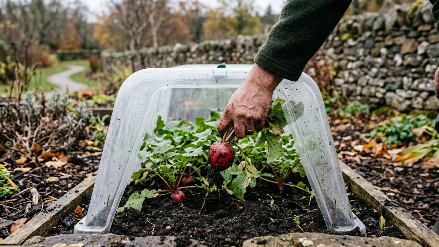 A hand lifting a winter radish root from under a cloche in late autumn, other roots left in the ground