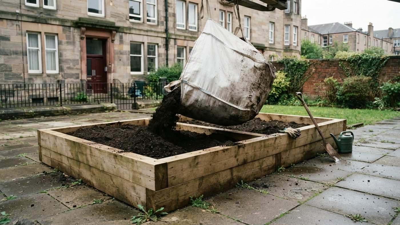 A large bulk tonne bag of soil being tipped into a raised bed on a paved back green