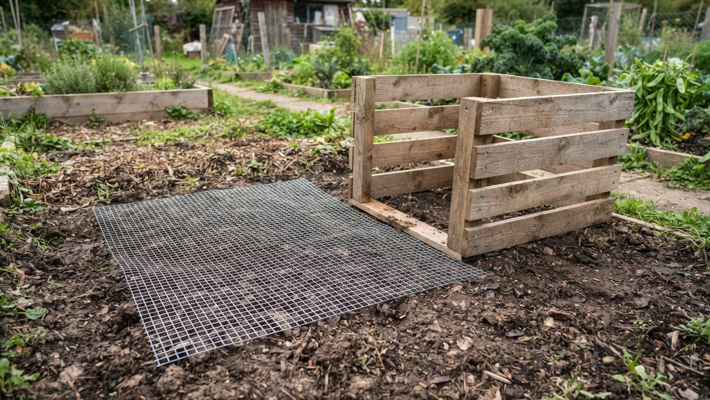 Galvanised wire mesh being laid on bare soil before a compost bin is placed on top of it