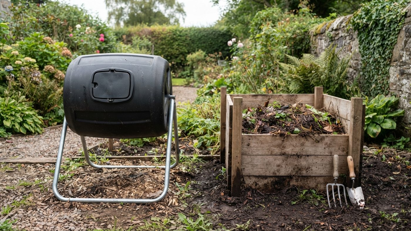 A compost tumbler raised on a frame off the ground next to an open compost bin sitting directly on soil