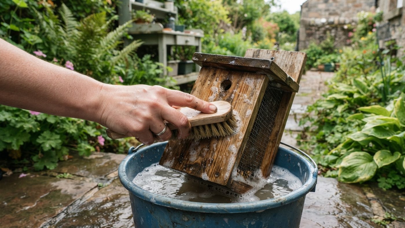 A hand scrubbing a wooden squirrel feeder box with a brush and soapy water